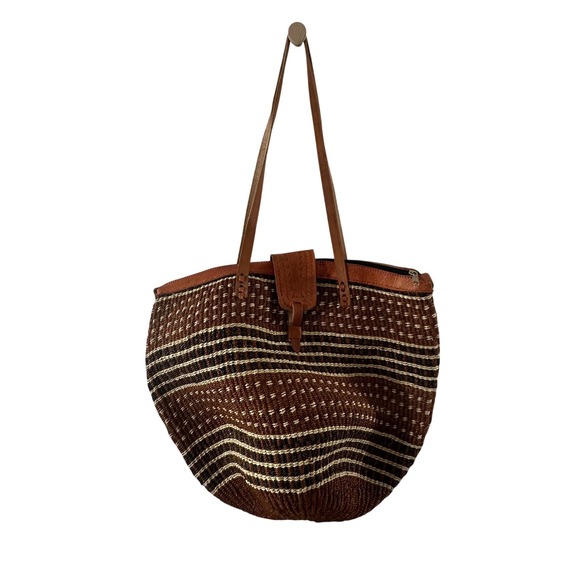 Unbranded Handbags - Handmade Woven Sisal Leather Tote Bag Brown Striped Boho Kiondo Shoulder Bag